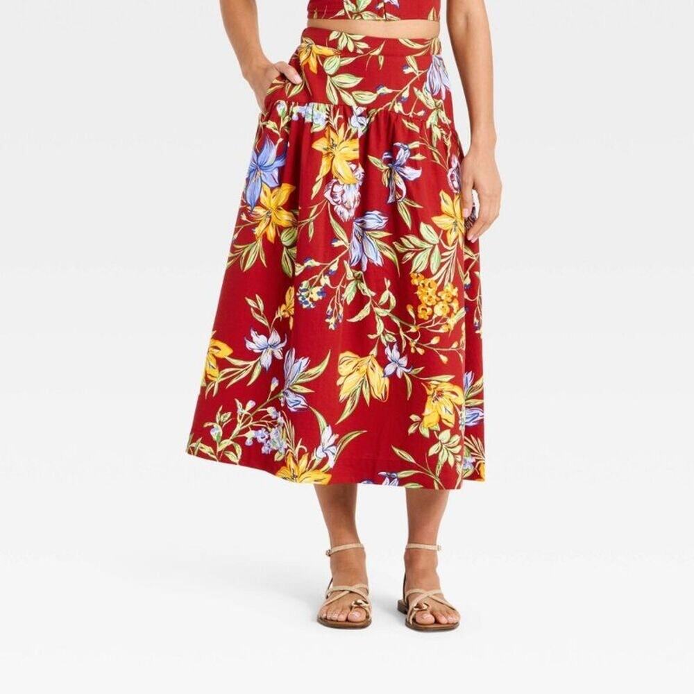 A New Day Women's Red Mustard Tropical Flower Drop Waist Midi Skirt Size Small